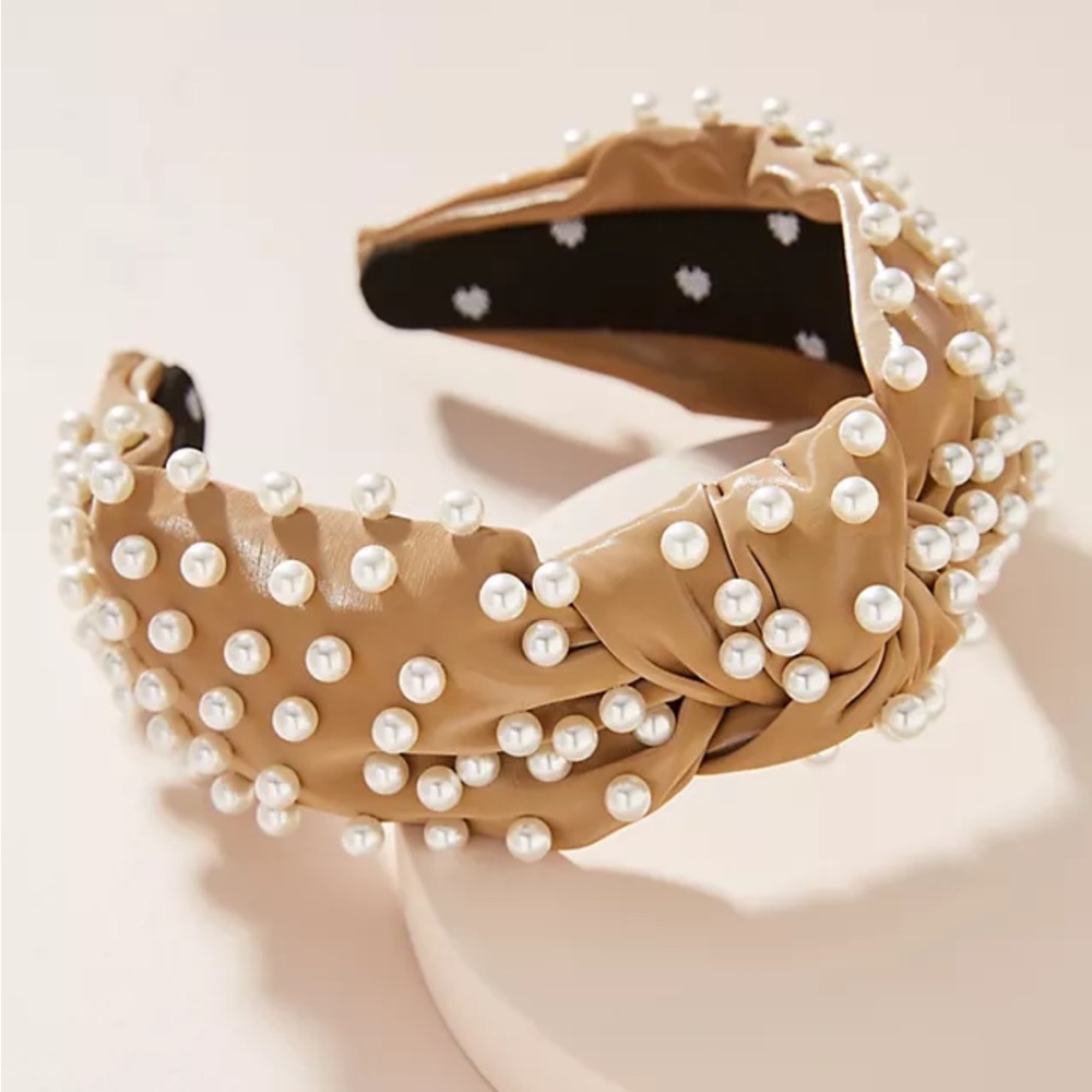Lele Sadoughi Tan Pearl-Embellished Knotted Headband